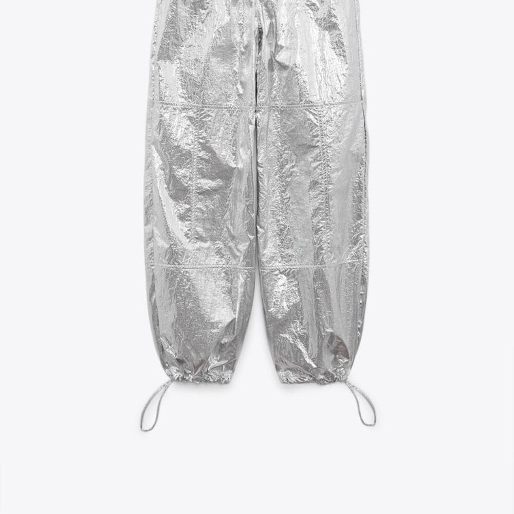 Zara Silver Metallic Parachute Pants